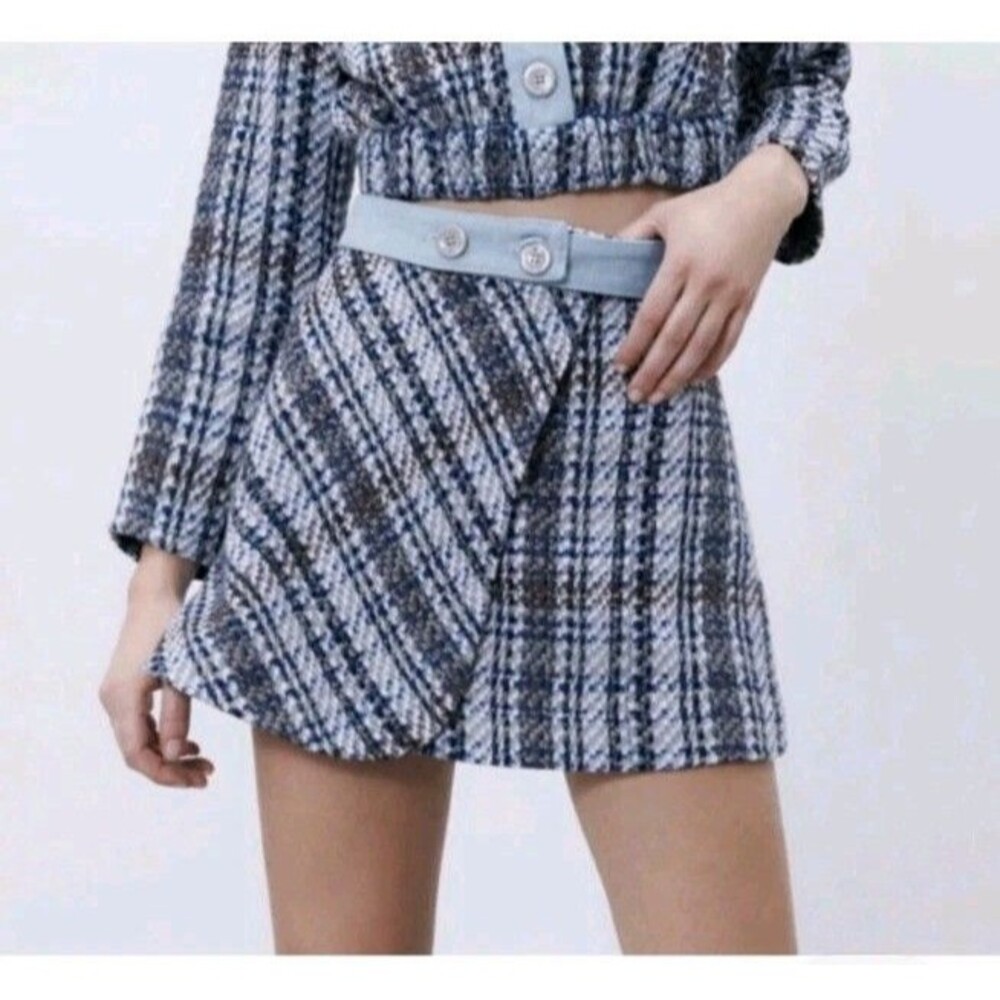 Zara Skirt Women Small Plaid Tweed Textured Mini Blue Belted @N3